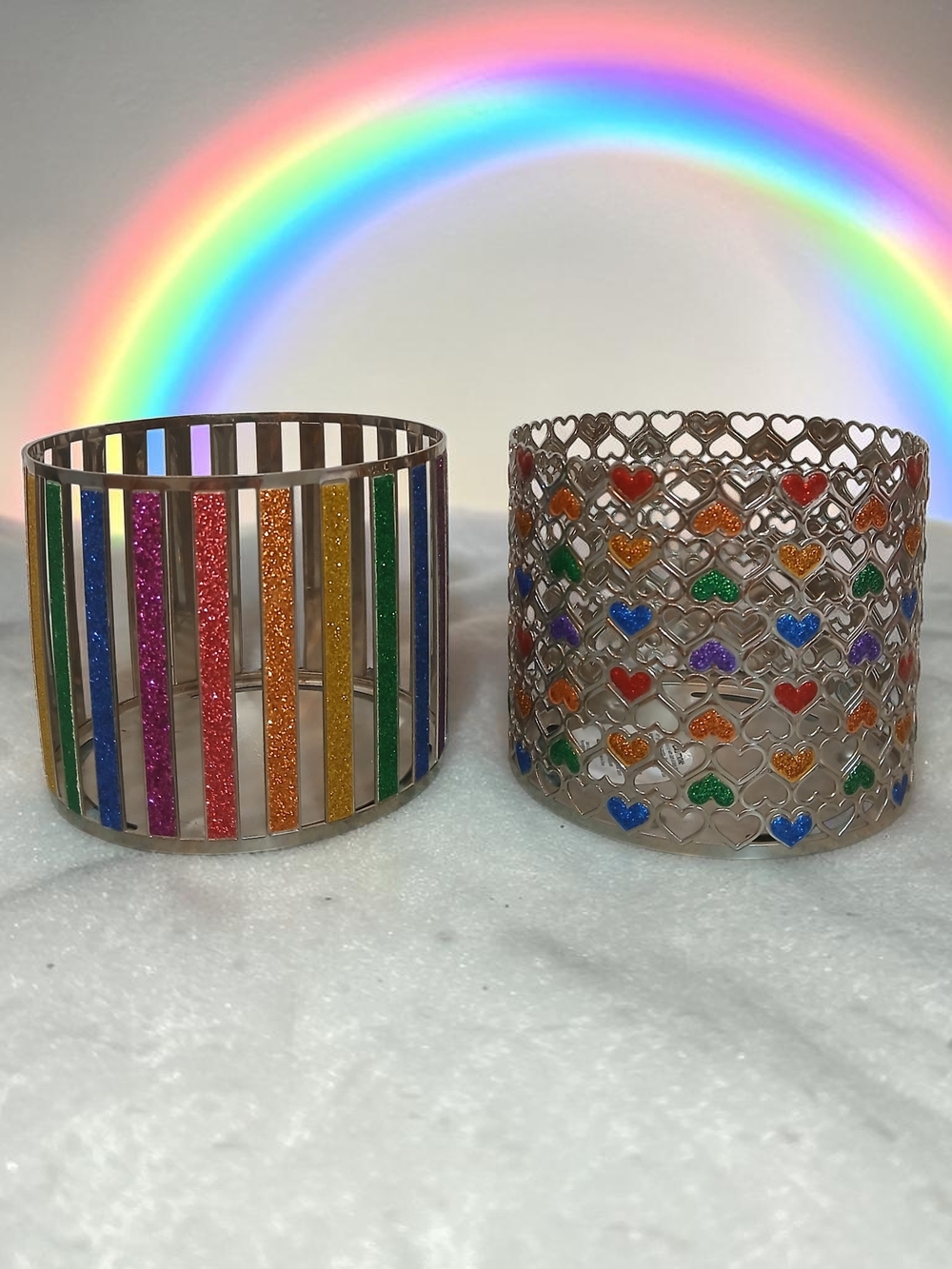 Rainbow Glitter & Heart Cutout Candle Holders